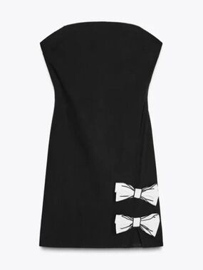 Zara Viscose Blend Black Strapless Dress with White Bow Accents